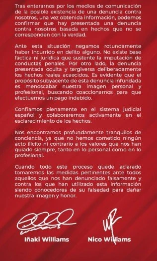 Η δημοσίευση του Ινάκι και του Νίκο Γουίλιαμς / Πηγή: Instagram (@williaaaams11)