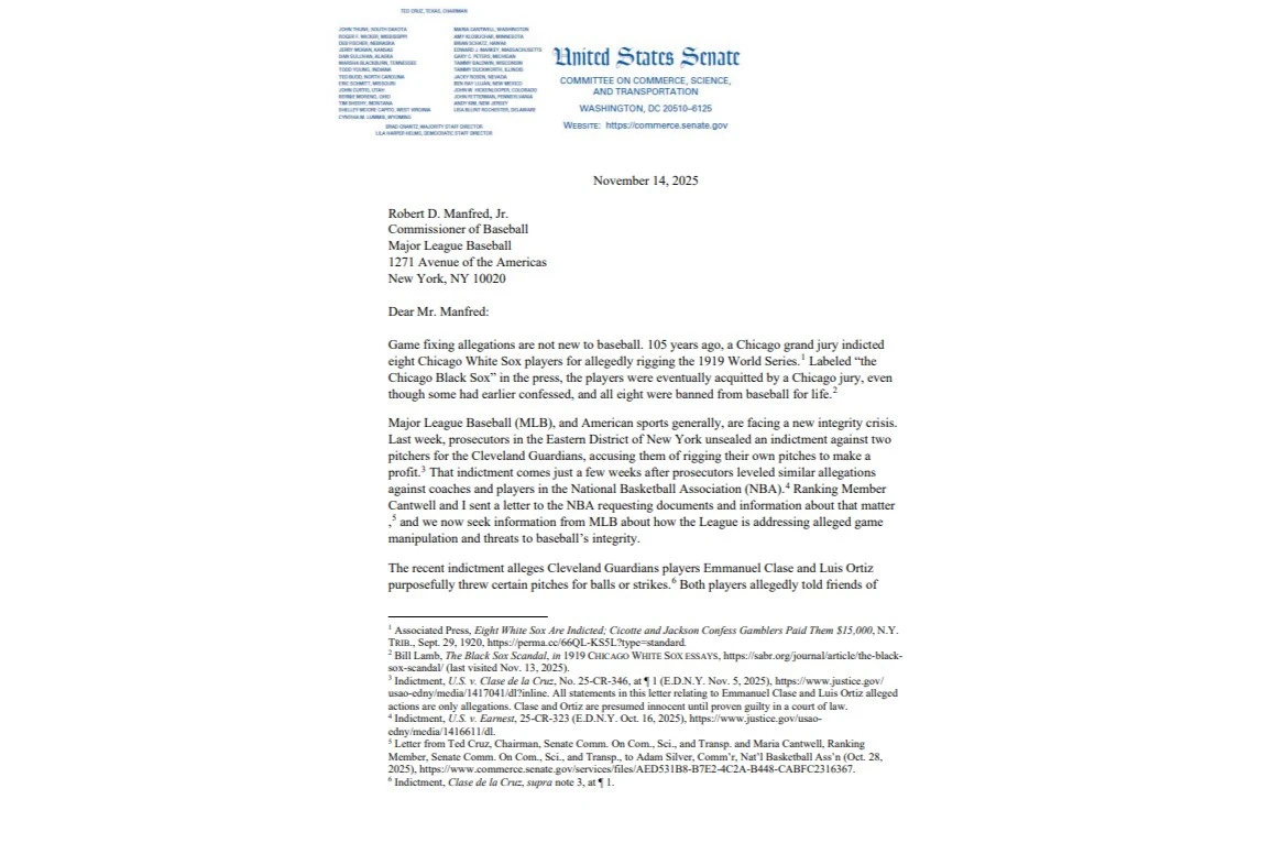 Απόσπασμα της επιστολή προς τον κομισάριο του MLB,&nbsp;Ρομπ Μάνφρεντ