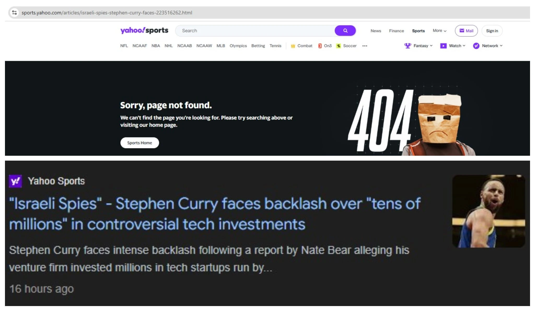 Το θέμα δεν υπάρχει πλέον στην ιστοδελίδα του «Yahoo Sports», πάντως εμφανίζεται κανονικά στην αναζήτηση της Google