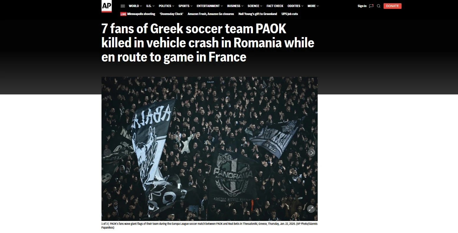 Ο τίτλος του Associated Press για το τραγικό δυστύχημα με τους φίλους του ΠΑΟΚ