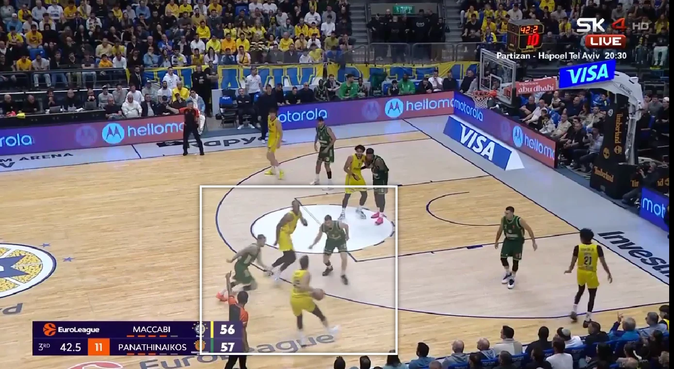 Ο Τολιόπουλος μαρκάρει τον Μπλατ, ο Ρογκαβόπουλος είναι παθητικός και ο Μπλατ βρίσκει pull up σουτ που καταλήγει στο καλάθι