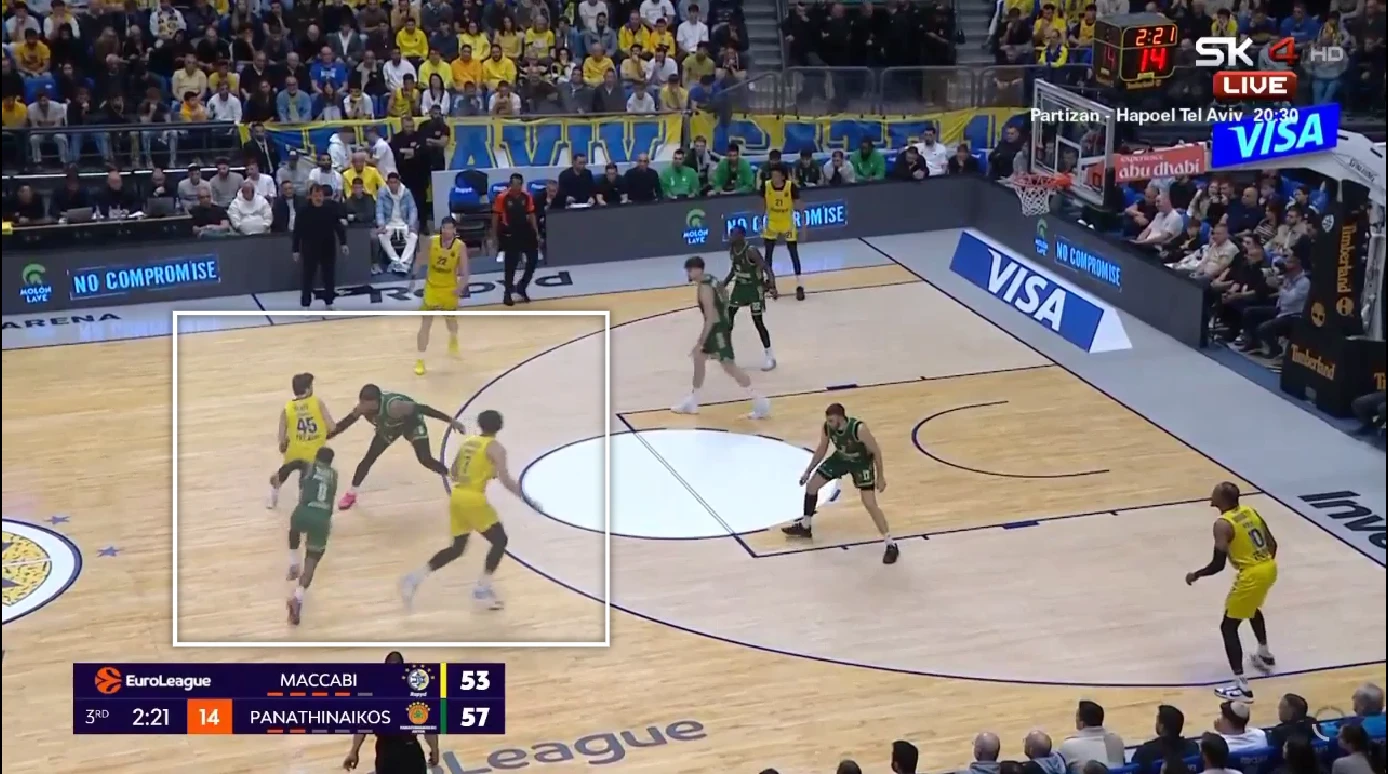 H άμυνα soft hedge που επέλεξε ο Αταμαν για το δεύτερο ημίχρονο κόντρα στον Μπλατ. Ο Χολμς παρεμποδίζει τον Μπλατ να σουτάρει μετά από ντρίμπλα