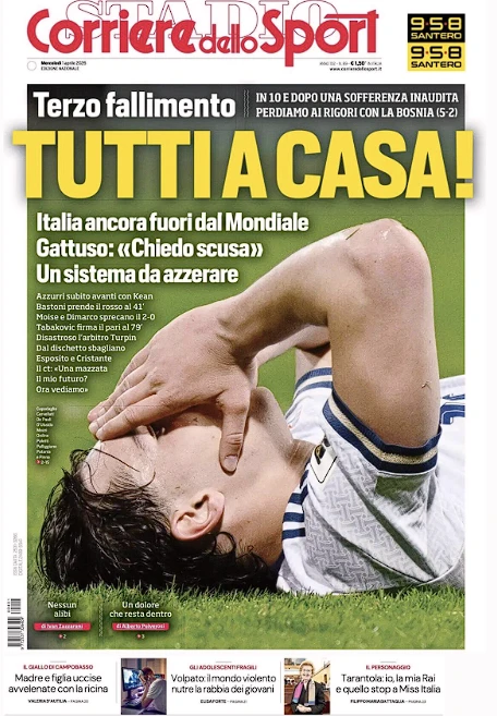 To πρωτοσέλιδο της&nbsp;«Corriere dello Sport» / Screenshot