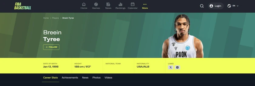 Η σελίδα της FIBA με τη διπλή εθνικότητα του Μπριν Ταϊρί