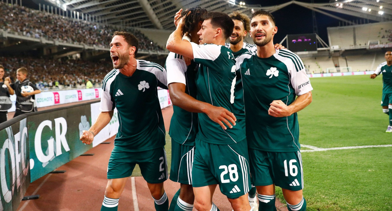 Οι πανηγυρισμοί του Παναθηναϊκού μετά την αντροπή με γκολ του Πάλμερ-Μπράουν στο ΟΑΚΑ κόντρα στην Σαμσουνσπόρ / Πηγή: Intime