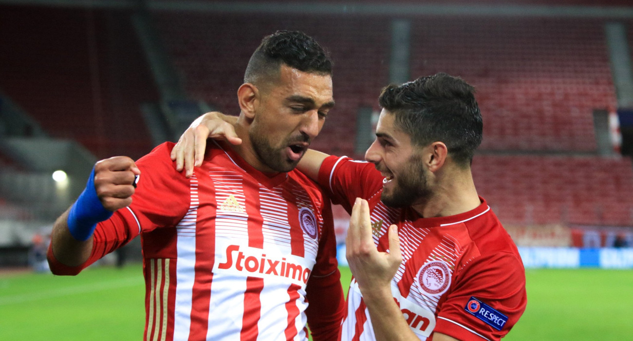 Ο Αχμέντ Χασάν πανηγυρίζει το γκολ που σημείωσε απέναντι στην Μαρσέιγ / Πηγή: Eurokinissi