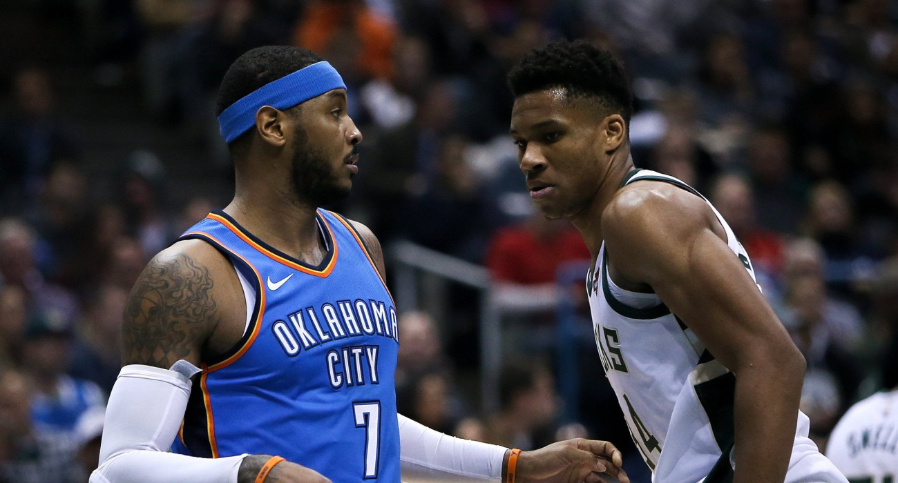 Ο Γιάννης Αντετοκούνμπο και ο Καρμέλο Αντόνι/Photo by Dylan Buell/Getty Images