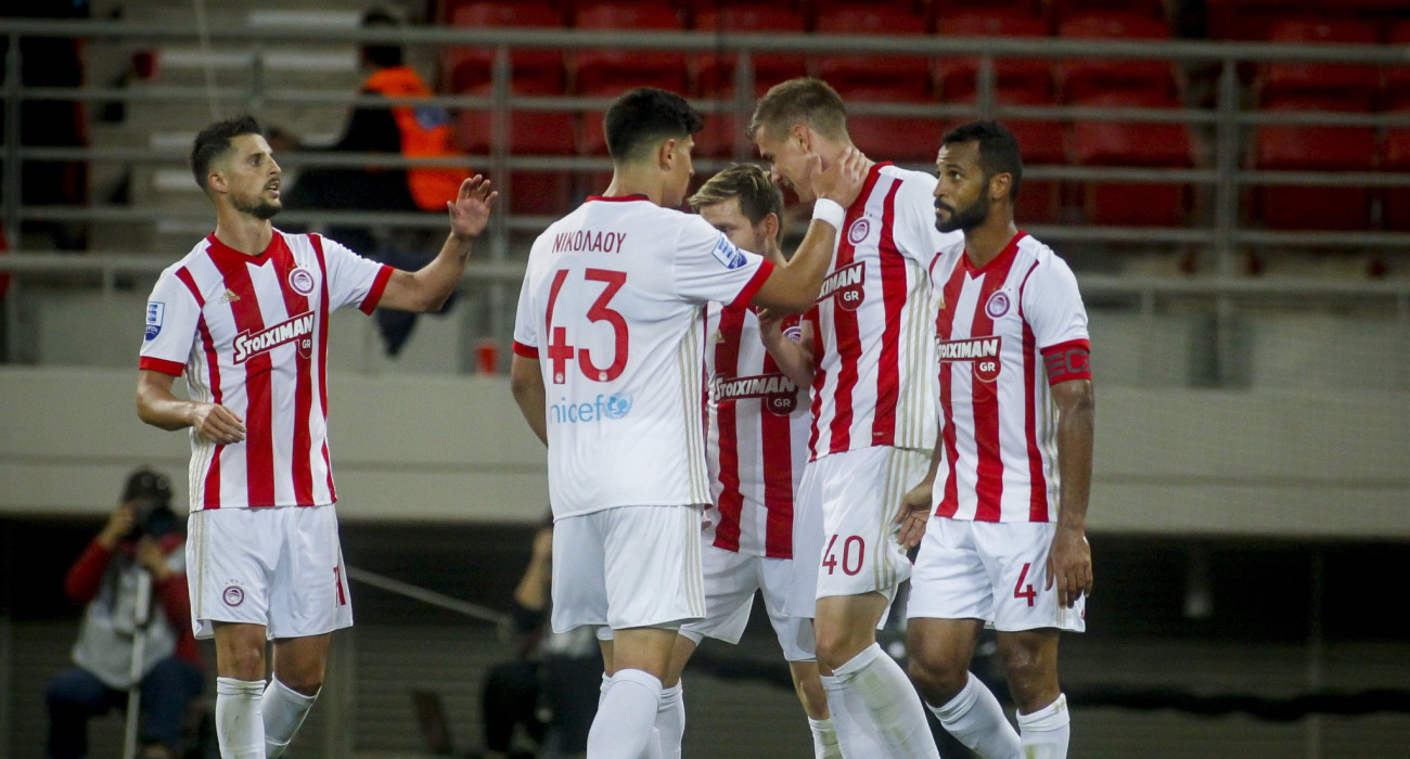 Οι παίκτες του Ολυμπιακού πανηγυρίζουν σε παιχνίδι με την Κέρκυρα το 2018 / Πηγή: Eurokinissi