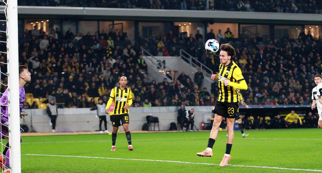 Η κεφαλιά του Λιούμπιτσιτς για το 1-1 της ΑΕΚ / Πηγή: Intime