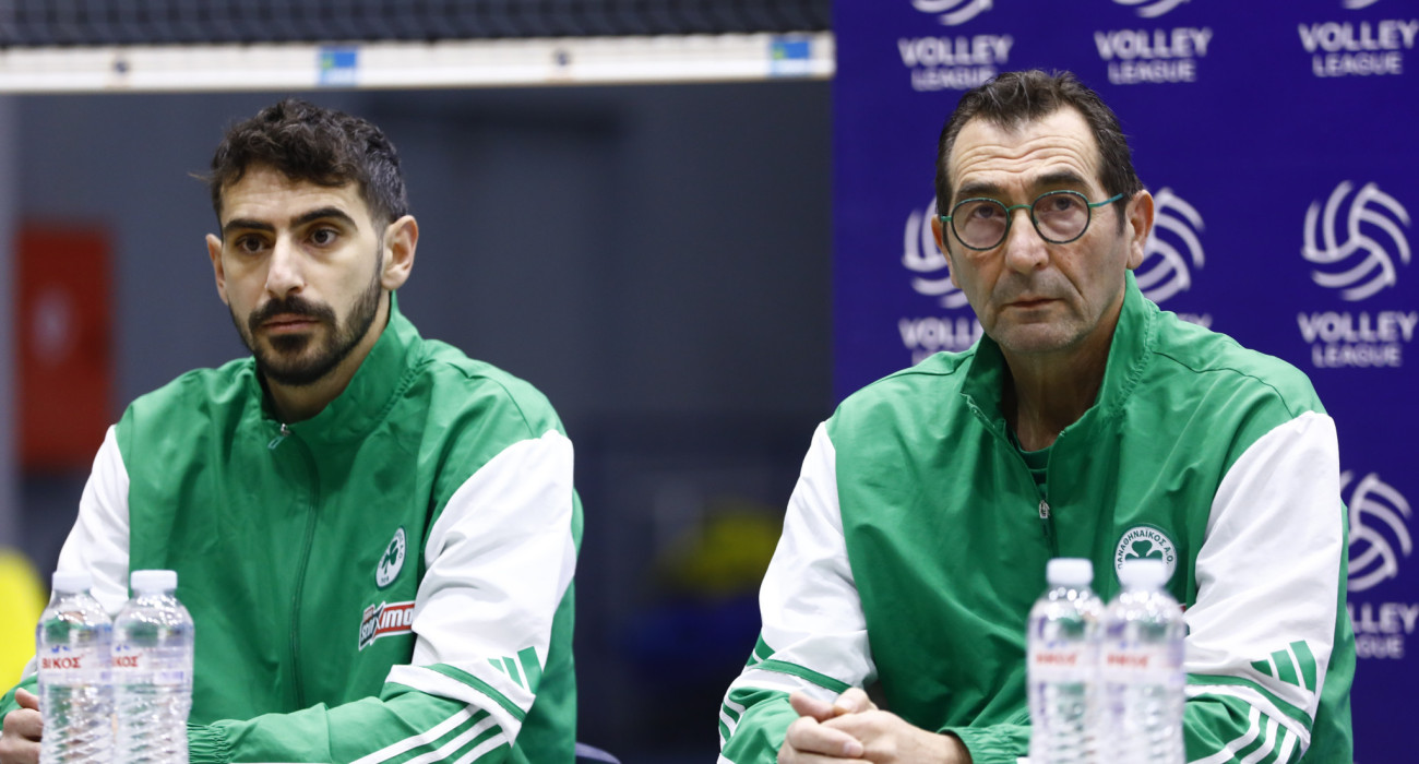 Ο προπονητής Δημήτρης Ανδρεόπουλος κι ο αρχηγός του Παναθηναϊκού Θανάσης Πρωτοψάλτης στη συνέντευξη Τύπου για το Σούπερ Καπ / Πηγή: Intime