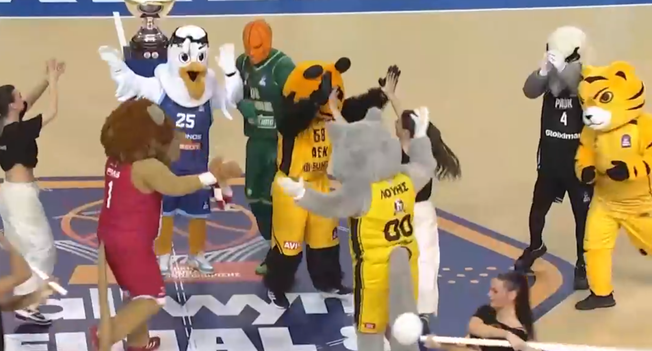 Οι μασκότ των ομάδων του Allwyn Final 8 χορεύουν στο παρκέ / Screenshot