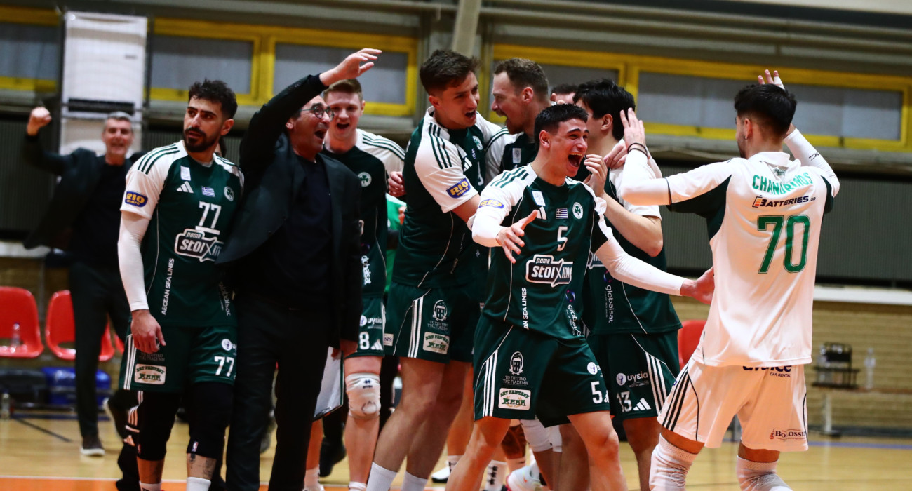 Η ανδρική ομάδα βόλεϊ του Παναθηναϊκού πανηγυρίζει για την πρόκριση στον τελικό της σεζόν 2025-26 / Πηγή: Eurokinissi