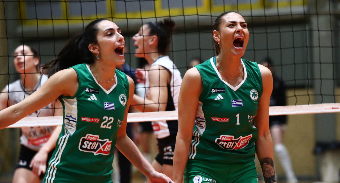 Μανωλίνα Κωνσταντίνου και Ειρήνη Χατζηευστρατιάδου πανηγυρίζουν σε αγώνα του Παναθηναϊκού / Πηγή: Eurokinissi