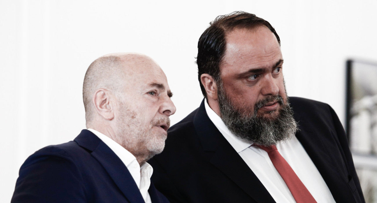 Ο Γιάννης Αλαφούζος και ο Βαγγέλης Μαρινάκης στη συνάντηση της UEFA / Πηγή: Eurokinissi