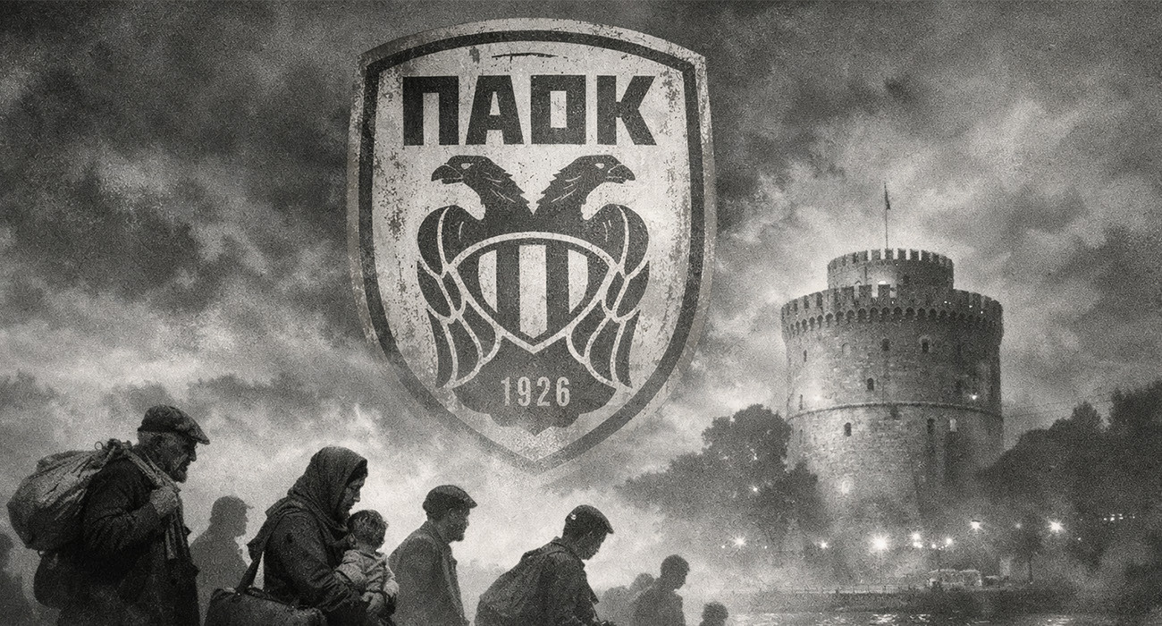 Το έμβλημα του ΠΑΟΚ να «σκεπάζει» τους πρόσφυγες και τον Λευκό Πύργο / Designer: Manos Perdikakis