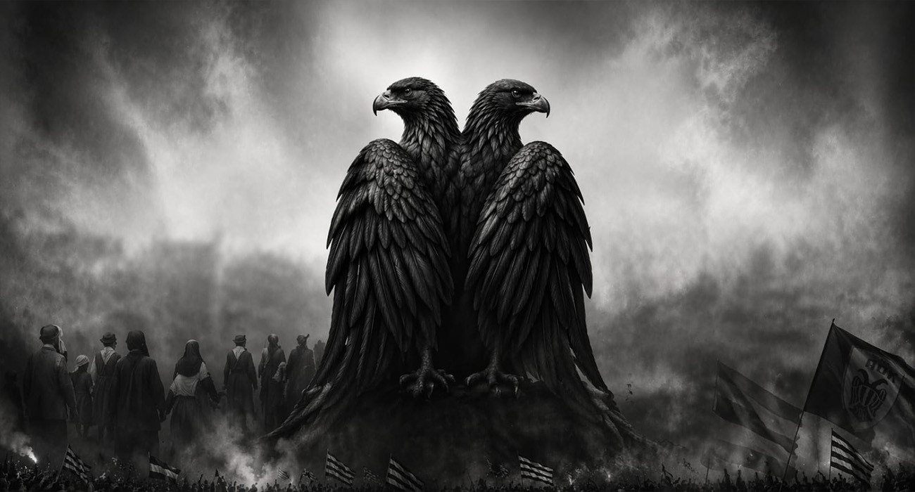 Ο Δικέφαλος Αετός με τα φτερά του κλειστά, σε ασπρόμαυρο φόντο / Designer: Manos Perdikakis