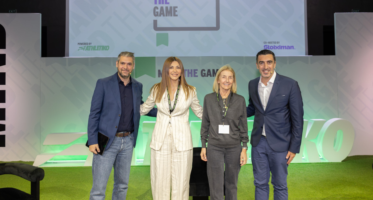 Η Υπουργός Παιδείας, Θρησκευμάτων και Αθλητισμού, Σοφία Ζαχαράκη μαζί με την Πρόεδρο του «Μαζί για το Παιδί», Αλεξάνδρα Μαρτίνου, τον CEO της Stoiximan, Νίκο Φλίγκο και τον Διευθυντή του Athletiko, Αντώνη Σαούλη.