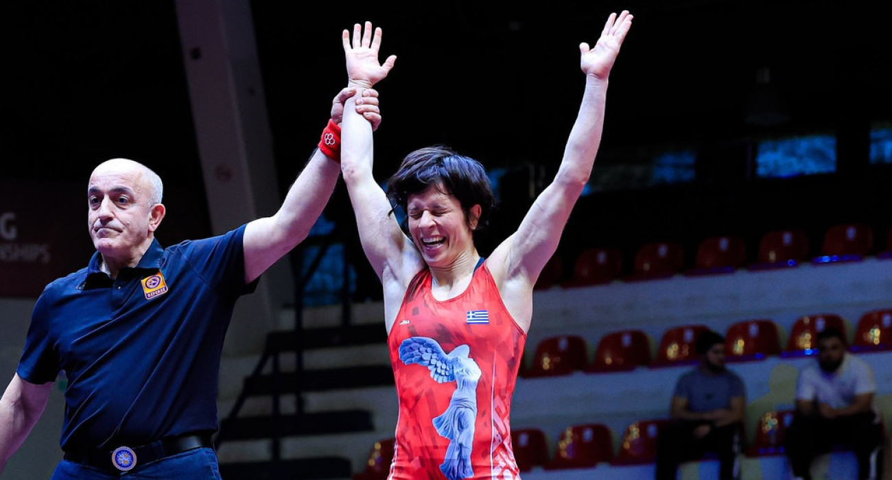 Η Μαρία Πρεβολαράκη όταν νίκησε τον ημιτελικό στο Ευρωπαϊκό του 2026 / Πηγή: United World Wrestling
