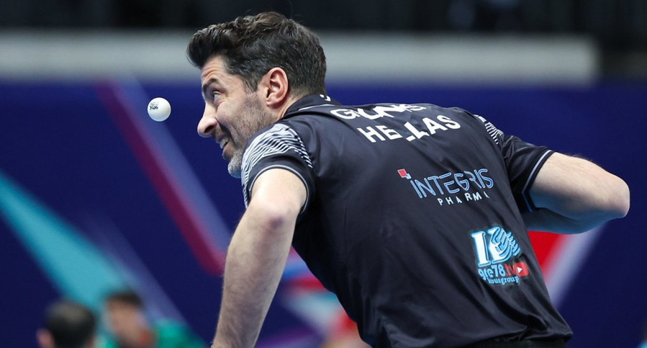Ο Παναγιώτης Γκιώνης σε παιχνίδι του στο Παγκόσμιο Πρωτάθλημα ομάδων στο Λονδίνο / Πηγή: ITTF