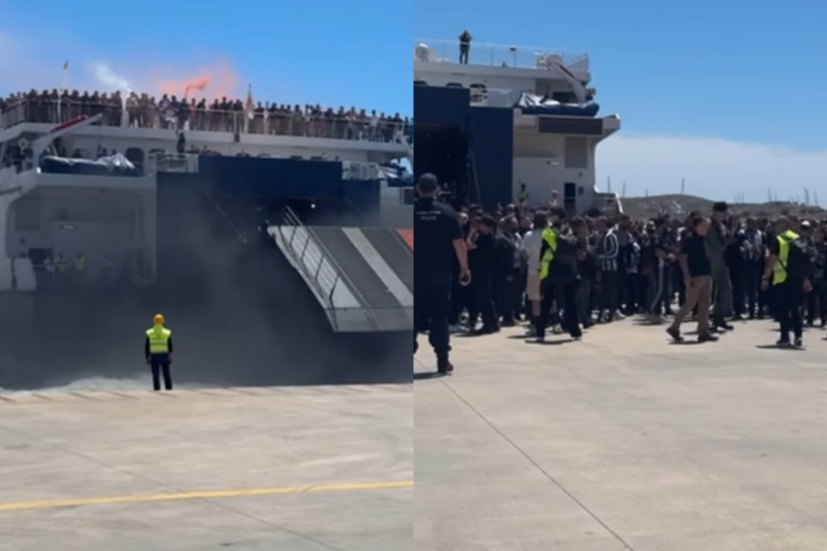 «Ανάψαμε φωτιά και μεγαλώνει» - Εφτασε με συνθήματα και καπνογόνα το πρώτο καράβι με τους οπαδούς του ΟΦΗ (video)